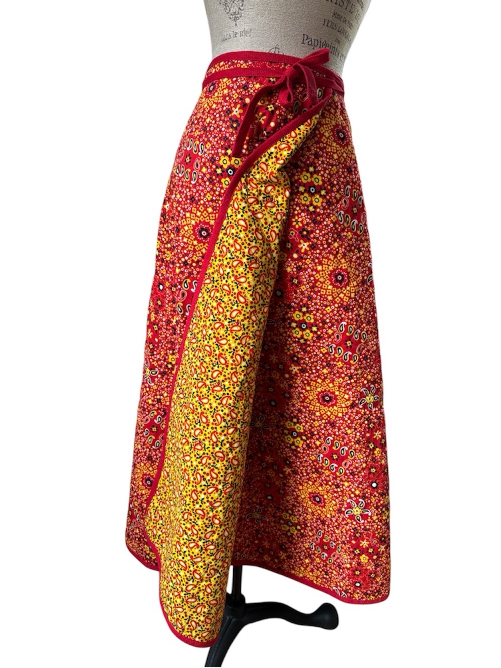 Handmade 1970’s reversible‎ yellow Red paisley Floral Boho Wrap Maxi Skirt small